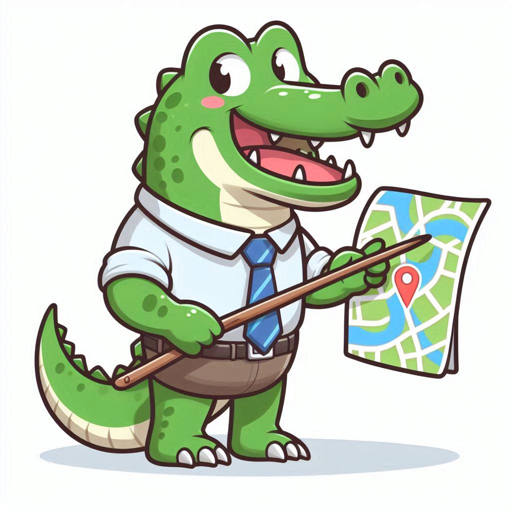 croc pointing to a map